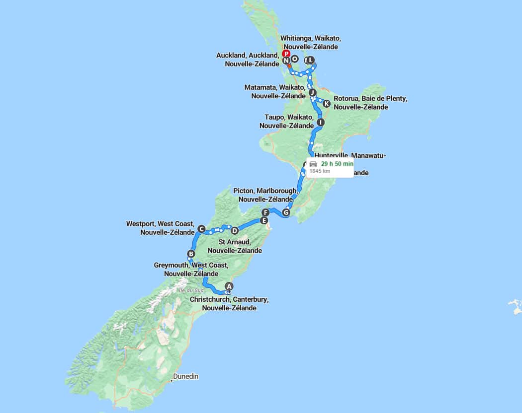 Carte road-trip Nouvelle Zélande en van